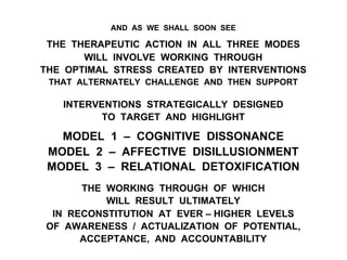 AND AS WE SHALL SOON SEE
THE THERAPEUTIC ACTION IN ALL THREE MODES
WILL INVOLVE WORKING THROUGH
THE OPTIMAL STRESS CREATED BY INTERVENTIONS
THAT ALTERNATELY CHALLENGE AND THEN SUPPORT
INTERVENTIONS STRATEGICALLY DESIGNED
TO TARGET AND HIGHLIGHT
MODEL 1 – COGNITIVE DISSONANCE
MODEL 2 – AFFECTIVE DISILLUSIONMENT
MODEL 3 – RELATIONAL DETOXIFICATION
THE WORKING THROUGH OF WHICH
WILL RESULT ULTIMATELY
IN RECONSTITUTION AT EVER – HIGHER LEVELS
OF AWARENESS / ACTUALIZATION OF POTENTIAL,
ACCEPTANCE, AND ACCOUNTABILITY
 