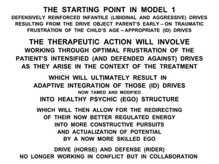 THE STARTING POINT IN MODEL 1
DEFENSIVELY REINFORCED INFANTILE (LIBIDINAL AND AGGRESSIVE) DRIVES
RESULTING FROM THE DRIVE OBJECT PARENT’S EARLY – ON TRAUMATIC
FRUSTRATION OF THE CHILD’S AGE – APPROPRIATE (ID) DRIVES
THE THERAPEUTIC ACTION WILL INVOLVE
WORKING THROUGH OPTIMAL FRUSTRATION OF THE
PATIENT’S INTENSIFIED (AND DEFENDED AGAINST) DRIVES
AS THEY ARISE IN THE CONTEXT OF THE TREATMENT
WHICH WILL ULTIMATELY RESULT IN
ADAPTIVE INTEGRATION OF THOSE (ID) DRIVES
NOW TAMED AND MODIFIED
INTO HEALTHY PSYCHIC (EGO) STRUCTURE
WHICH WILL THEN ALLOW FOR THE REDIRECTING
OF THEIR NOW BETTER REGULATED ENERGY
INTO MORE CONSTRUCTIVE PURSUITS
AND ACTUALIZATION OF POTENTIAL
BY A NOW MORE SKILLED EGO
DRIVE (HORSE) AND DEFENSE (RIDER)
NO LONGER WORKING IN CONFLICT BUT IN COLLABORATION
 
