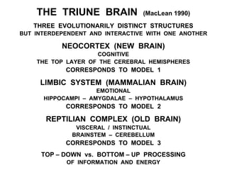THE TRIUNE BRAIN (MacLean 1990)
THREE EVOLUTIONARILY DISTINCT STRUCTURES
BUT INTERDEPENDENT AND INTERACTIVE WITH ONE ANOTHER
NEOCORTEX (NEW BRAIN)
COGNITIVE
THE TOP LAYER OF THE CEREBRAL HEMISPHERES
CORRESPONDS TO MODEL 1
LIMBIC SYSTEM (MAMMALIAN BRAIN)
EMOTIONAL
HIPPOCAMPI – AMYGDALAE – HYPOTHALAMUS
CORRESPONDS TO MODEL 2
REPTILIAN COMPLEX (OLD BRAIN)
VISCERAL / INSTINCTUAL
BRAINSTEM – CEREBELLUM
CORRESPONDS TO MODEL 3
TOP – DOWN vs. BOTTOM – UP PROCESSING
OF INFORMATION AND ENERGY
 