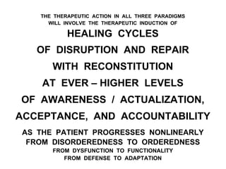 THE THERAPEUTIC ACTION IN ALL THREE PARADIGMS
WILL INVOLVE THE THERAPEUTIC INDUCTION OF
HEALING CYCLES
OF DISRUPTION AND REPAIR
WITH RECONSTITUTION
AT EVER – HIGHER LEVELS
OF AWARENESS / ACTUALIZATION,
ACCEPTANCE, AND ACCOUNTABILITY
AS THE PATIENT PROGRESSES NONLINEARLY
FROM DISORDEREDNESS TO ORDEREDNESS
FROM DYSFUNCTION TO FUNCTIONALITY
FROM DEFENSE TO ADAPTATION
 