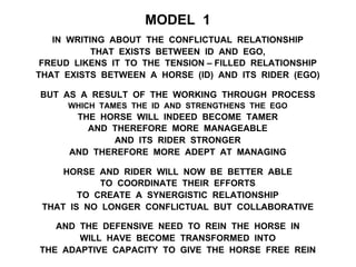MODEL 1
IN WRITING ABOUT THE CONFLICTUAL RELATIONSHIP
THAT EXISTS BETWEEN ID AND EGO,
FREUD LIKENS IT TO THE TENSION – FILLED RELATIONSHIP
THAT EXISTS BETWEEN A HORSE (ID) AND ITS RIDER (EGO)
BUT AS A RESULT OF THE WORKING THROUGH PROCESS
WHICH TAMES THE ID AND STRENGTHENS THE EGO
THE HORSE WILL INDEED BECOME TAMER
AND THEREFORE MORE MANAGEABLE
AND ITS RIDER STRONGER
AND THEREFORE MORE ADEPT AT MANAGING
HORSE AND RIDER WILL NOW BE BETTER ABLE
TO COORDINATE THEIR EFFORTS
TO CREATE A SYNERGISTIC RELATIONSHIP
THAT IS NO LONGER CONFLICTUAL BUT COLLABORATIVE
AND THE DEFENSIVE NEED TO REIN THE HORSE IN
WILL HAVE BECOME TRANSFORMED INTO
THE ADAPTIVE CAPACITY TO GIVE THE HORSE FREE REIN
 
