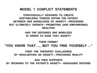MODEL 1 CONFLICT STATEMENTS
STRATEGICALLY DESIGNED TO CREATE
DESTABILIZING TENSION WITHIN THE PATIENT
BETWEEN HER KNOWLEDGE OF ANXIETY – PROVOKING
BUT ULTIMATELY GROWTH – PROMOTING (AND EMPOWERING)
REALITIES
AND THE DEFENSES SHE MOBILIZES
IN ORDER TO EASE THAT ANXIETY
THEIR FORMAT
“YOU KNOW THAT …, BUT YOU FIND YOURSELF …”
FIRST THE THERAPIST CHALLENGES
BY HIGHLIGHTING AN ANXIETY – PROVOKING REALITY
AND THEN SUPPORTS
BY SPEAKING TO THE PATIENT’S ANXIETY – ASSUAGING DEFENSE
 
