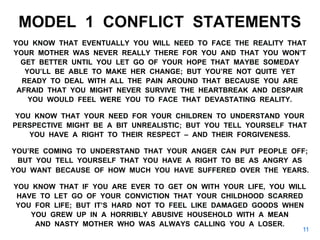 MODEL 1 CONFLICT STATEMENTS
YOU KNOW THAT EVENTUALLY YOU WILL NEED TO FACE THE REALITY THAT
YOUR MOTHER WAS NEVER REALLY THERE FOR YOU AND THAT YOU WON’T
GET BETTER UNTIL YOU LET GO OF YOUR HOPE THAT MAYBE SOMEDAY
YOU’LL BE ABLE TO MAKE HER CHANGE; BUT YOU’RE NOT QUITE YET
READY TO DEAL WITH ALL THE PAIN AROUND THAT BECAUSE YOU ARE
AFRAID THAT YOU MIGHT NEVER SURVIVE THE HEARTBREAK AND DESPAIR
YOU WOULD FEEL WERE YOU TO FACE THAT DEVASTATING REALITY.
YOU KNOW THAT YOUR NEED FOR YOUR CHILDREN TO UNDERSTAND YOUR
PERSPECTIVE MIGHT BE A BIT UNREALISTIC; BUT YOU TELL YOURSELF THAT
YOU HAVE A RIGHT TO THEIR RESPECT – AND THEIR FORGIVENESS.
YOU’RE COMING TO UNDERSTAND THAT YOUR ANGER CAN PUT PEOPLE OFF;
BUT YOU TELL YOURSELF THAT YOU HAVE A RIGHT TO BE AS ANGRY AS
YOU WANT BECAUSE OF HOW MUCH YOU HAVE SUFFERED OVER THE YEARS.
YOU KNOW THAT IF YOU ARE EVER TO GET ON WITH YOUR LIFE, YOU WILL
HAVE TO LET GO OF YOUR CONVICTION THAT YOUR CHILDHOOD SCARRED
YOU FOR LIFE; BUT IT’S HARD NOT TO FEEL LIKE DAMAGED GOODS WHEN
YOU GREW UP IN A HORRIBLY ABUSIVE HOUSEHOLD WITH A MEAN
AND NASTY MOTHER WHO WAS ALWAYS CALLING YOU A LOSER.
11
 