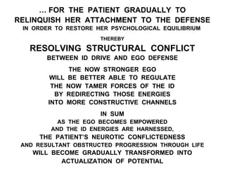 … FOR THE PATIENT GRADUALLY TO
RELINQUISH HER ATTACHMENT TO THE DEFENSE
IN ORDER TO RESTORE HER PSYCHOLOGICAL EQUILIBRIUM
THEREBY
RESOLVING STRUCTURAL CONFLICT
BETWEEN ID DRIVE AND EGO DEFENSE
THE NOW STRONGER EGO
WILL BE BETTER ABLE TO REGULATE
THE NOW TAMER FORCES OF THE ID
BY REDIRECTING THOSE ENERGIES
INTO MORE CONSTRUCTIVE CHANNELS
IN SUM
AS THE EGO BECOMES EMPOWERED
AND THE ID ENERGIES ARE HARNESSED,
THE PATIENT’S NEUROTIC CONFLICTEDNESS
AND RESULTANT OBSTRUCTED PROGRESSION THROUGH LIFE
WILL BECOME GRADUALLY TRANSFORMED INTO
ACTUALIZATION OF POTENTIAL
 