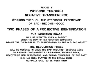 MODEL 3
WORKING THROUGH
NEGATIVE TRANSFERENCE
WORKING THROUGH THE STRESSFUL EXPERIENCE
OF BAD – BECOME – GOOD
TWO PHASES OF A PROJECTIVE IDENTIFICATION
THE INDUCTION PHASE
WILL BE INITIATED WHEN A PATIENT
UNDER THE SWAY OF HER REPETITION COMPULSION
DRAWS THE THERAPIST IN TO PARTICIPATING AS THE OLD BAD OBJECT
THE RESOLUTION PHASE
WILL BE USHERED IN ONCE THE BAD THERAPIST BECOMES ABLE
TO PROVIDE CONTAINMENT BY RELENTING, STEPPING BACK,
RECOVERING HER PERSPECTIVE, AND TAKING OWNERSHIP OF THE PART
SHE HAS BEEN PLAYING IN THE DRAMA BEING
MUTUALLY ENACTED BETWEEN THEM
 