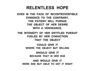 RELENTLESS HOPE
EVEN IN THE FACE OF INCONTROVERTIBLE
EVIDENCE TO THE CONTRARY,
THE PATIENT WILL PURSUE
THE OBJECT OF HER DESIRE
WITH A VENGEANCE,
THE INTENSITY OF HER ENTITLED PURSUIT
FUELED BY HER CONVICTION
THAT THE OBJECT
COULD GIVE IT
WHERE THE OBJECT BUT WILLING
SHOULD GIVE IT
BECAUSE THAT IS HER DUE
AND WOULD GIVE IT
WERE SHE BUT ABLE TO GET IT RIGHT
 