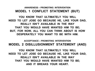 AWARENESS – PROMOTING INTERVENTION
MODEL 1 CONFLICT STATEMENT (BUT)
YOU KNOW THAT ULTIMATELY YOU WILL
NEED TO LET JOSE GO BECAUSE HE, LIKE YOUR DAD,
REALLY ISN’T AVAILABLE IN THE WAY
THAT YOU WOULD HAVE WANTED HIM TO BE;
BUT, FOR NOW, ALL YOU CAN THINK ABOUT IS HOW
DESPERATELY YOU WANT TO BE WITH HIM.
ACCEPTANCE – PROMOTING INTERVENTION
MODEL 2 DISILLUSIONMENT STATEMENT (AND)
YOU KNOW THAT ULTIMATELY YOU WILL
NEED TO LET JOSE GO BECAUSE HE, LIKE YOUR DAD,
REALLY ISN’T AVAILABLE IN THE WAY
THAT YOU WOULD HAVE WANTED HIM TO BE;
AND IT BREAKS YOUR HEART.
 
