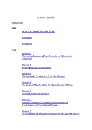 Table of Contents
INTRODUCTION
Part 1
HOW DOES PSYCHOTHERAPY WORK?
Conclusion
References
Part 2
Module 1:
The Healing Process and Transformation of Defense into
Adaptation
Module 2:
Chaos Theory and Psychic Inertia
Module 3:
The Goldilocks Principle and Controlled Damage
Module 4:
The Sandpile Model and the Paradoxical Impact of Stress
Module 5:
The Web of Life and Resilience
Module 6:
A Holistic Conceptual Framework and the Impact of
Psychological and Physiological Stressors
Module 7:
The Ultimate Goal of Psychodynamic Psychotherapy and Belated
 
