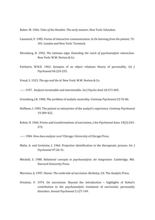 Buber, M. 1966. Tales of the Hasidim: The early masters. New York: Schocken.
Casement, P. 1985. Forms of interactive communication. In On learning from the patient, 72-
101. London and New York: Tavistock.
Ehrenberg, D. 1992. The intimate edge: Extending the reach of psychoanalytic interaction.
New York: W.W. Norton & Co.
Fairbairn, W.R.D. 1963. Synopsis of an object relations theory of personality. Int J
Psychoanal 44:224-255.
Freud, S. 1923. The ego and the id. New York: W.W. Norton & Co.
----- 1937. Analysis terminable and interminable. Int J Psycho-Anal 18:373-405.
Greenberg, J.R. 1986. The problem of analytic neutrality. Contemp Psychoanal 22:76-86.
Hoffman, I. 1983. The patient as interpreter of the analyst’s experience. Contemp Psychoanal
19:389-422.
Kohut, H. 1966. Forms and transformations of narcissism. J Am Psychoanal Assoc 14(2):243-
272.
----- 1984. How does analysis cure? Chicago: University of Chicago Press.
Malin, A. and Grotstein, J. 1966. Projective identification in the therapeutic process. Int J
Psychoanal 47:26-31.
Mitchell, S. 1988. Relational concepts in psychoanalysis: An integration. Cambridge, MA:
Harvard University Press.
Morrison, A. 1997. Shame: The underside of narcissism. Berkeley, CA: The Analytic Press.
Ornstein, P. 1974. On narcissism: Beyond the introduction – highlights of Kohut’s
contribution to the psychoanalytic treatment of narcissistic personality
disorders. Annual Psychoanal 2:127-149.
 