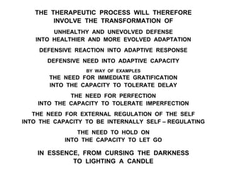 THE THERAPEUTIC PROCESS WILL THEREFORE
INVOLVE THE TRANSFORMATION OF
UNHEALTHY AND UNEVOLVED DEFENSE
INTO HEALTHIER AND MORE EVOLVED ADAPTATION
DEFENSIVE REACTION INTO ADAPTIVE RESPONSE
DEFENSIVE NEED INTO ADAPTIVE CAPACITY
BY WAY OF EXAMPLES
THE NEED FOR IMMEDIATE GRATIFICATION
INTO THE CAPACITY TO TOLERATE DELAY
THE NEED FOR PERFECTION
INTO THE CAPACITY TO TOLERATE IMPERFECTION
THE NEED FOR EXTERNAL REGULATION OF THE SELF
INTO THE CAPACITY TO BE INTERNALLY SELF – REGULATING
THE NEED TO HOLD ON
INTO THE CAPACITY TO LET GO
IN ESSENCE, FROM CURSING THE DARKNESS
TO LIGHTING A CANDLE
 