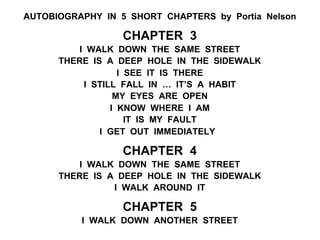 AUTOBIOGRAPHY IN 5 SHORT CHAPTERS by Portia Nelson
CHAPTER 3
I WALK DOWN THE SAME STREET
THERE IS A DEEP HOLE IN THE SIDEWALK
I SEE IT IS THERE
I STILL FALL IN … IT’S A HABIT
MY EYES ARE OPEN
I KNOW WHERE I AM
IT IS MY FAULT
I GET OUT IMMEDIATELY
CHAPTER 4
I WALK DOWN THE SAME STREET
THERE IS A DEEP HOLE IN THE SIDEWALK
I WALK AROUND IT
CHAPTER 5
I WALK DOWN ANOTHER STREET
 