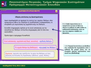 C.1.1 Σαφι παρουςίαςθ του τι
                            αναμζνεται να είναι ςε κζςθ να
                            κάνουν οι μακθτζσ ςε κάκε ςτάδιο τθ
                            μακθςιακισ διαδικαςίασ, ώςτε να
                            μθν τουσ αγχώνει ο φόβοσ του
                            άγνωςτου




                               C.2.1 Παρoχι δυνατοτιτων για βοικεια
                               που ςταδιακά κα περιορίηεται ώςτε ο
                               μακθτισ κα μπορεί μόνοσ του να
                               ςυνεχίςει ζχοντασ εμπιςτοςφνθ ςτον
                               εαυτό του (Skaffolding)




Αθαδεκατθό Έηνο 2011-2012                                         32
 