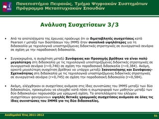 Αλάιπζε Σπζρεηίζεσλ 3/3

•   Από ηα απνηειέζκαηα ηεο έξεπλαο πξνέθπςε όηη νη δηκεηαβιεηέο ζπζρεηίζεηο θαηά
    Pearson r κεηαμύ ησλ δηαζηάζεσλ ηνπ IMMS ήηαλ ζπλνιηθά πςειόηεξεο γηα ηε
    δηδαζθαιία κε ηερλνινγηθά ππνζηεξηδόκελεο δηδαθηηθέο ζηξαηεγηθέο ζε ζπλεξγαηηθά ζελάξηα
    ζε ζρέζε κε ηελ παξαδνζηαθή δηδαζθαιία.

•   Σπγθεθξηκέλα, ε ζπζρέηηζε κεηαμύ Σπλάθεηαο θαη Πξνζνρήο βξέζεθε λα είλαη πνιύ
    κεγαιύηεξε ζηε δηδαζθαιία κε ηηο ηερλνινγηθά ππνζηεξηδόκελεο δηδαθηηθέο ζηξαηεγηθέο ζε
    ζπλεξγαηηθά ζελάξηα (r=0,746) ζε ζρέζε ηελ παξαδνζηαθή δηδαζθαιία (r=0,384). Αθόκε,
    αξθεηά κεγαιύηεξε ζπζρέηηζε βξέζεθε λα ππάξρεη κεηαμύ Ιθαλνπνίεζεο θαη Σπλάθεηαο-
    Σρεηηθόηεηαο ζηε δηδαζθαιία κε ηηο ηερλνινγηθά ππνζηεξηδόκελεο δηδαθηηθέο ζηξαηεγηθέο
    ζε ζπλεξγαηηθά ζελάξηα (r=0,745) ζε ζρέζε ηελ παξαδνζηαθή δηδαζθαιία (r=0,584).

•   Αθόκε, ειέγρζεθαλ νη ζπζρεηίζεηο αλάκεζα ζηηο ίδηεο ζπληζηώζεο ηνπ IMMS κεηαμύ ησλ δύν
    δηδαζθαιηώλ, πξνθεηκέλνπ λα ειεγρζεί θαηά πόζν ε ζπκπεξηθνξά ησλ καζεηώλ κεηαμύ ησλ
    δύν δηδαζθαιηώλ παξνπζηάδεη κηα γξακκηθή ζρέζε. Τα απνηειέζκαηα ηνπ ειέγρνπ
    ζπζρεηίζεσλ θαλεξώλνπλ πςειέο ζεηηθέο γξακκηθέο ζπζρεηίζεηο αλάκεζα ζε όιεο ηηο
    ίδηεο ζπληζηώζεο ηνπ IMMS γηα ηηο δύν δηδαζθαιίεο.



Αθαδεκατθό Έηνο 2011-2012                                                                     51
 
