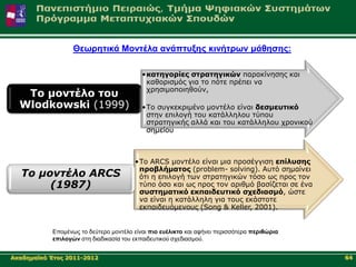 Θεσξεηηθά Μνληέια αλάπηπμεο θηλήηξσλ κάζεζεο:

                                          •θαηεγνξίεο ζηξαηεγηθώλ παξαθίλεζεο θαη
                                           θαζνξηζκόο γηα ην πόηε πξέπεη λα
                                           ρξεζηκνπνηεζνύλ,
   Τν κνληέιν ηνπ
  Wlodkowski (1999)                       •Τν ζπγθεθξηκέλν κνληέιν είλαη δεζκεπηηθό
                                           ζηελ επηινγή ηνπ θαηάιιεινπ ηύπνπ
                                           ζηξαηεγηθήο αιιά θαη ηνπ θαηάιιεινπ ρξνληθνύ
                                           ζεκείνπ



                                       •Τν ARCS κνληέιν είλαη κηα πξνζέγγηζε επίιπζεο
                                        πξνβιήκαηνο (problem- solving). Απηό ζεκαίλεη
   Το μονηέλο ARCS                      όηη ε επηινγή ησλ ζηξαηεγηθώλ ηόζν σο πξνο ηνλ
        (1987)                          ηύπν όζν θαη σο πξνο ηνλ αξηζκό βαζίδεηαη ζε έλα
                                        ζπζηεκαηηθό εθπαηδεπηηθό ζρεδηαζκό, ώζηε
                                        λα είλαη ε θαηάιιειε γηα ηνπο εθάζηνηε
                                        εθπαηδεπόκελνπο (Song & Keller, 2001).


           Δπνκέλσο ην δεύηεξν κνληέιν είλαη πην επέιηθην θαη αθήλεη πεξηζζόηεξα πεξηζώξηα
           επηινγώλ ζηε δηαδηθαζία ηνπ εθπαηδεπηηθνύ ζρεδηαζκνύ.


Αθαδεκατθό Έηνο 2011-2012                                                                    64
 