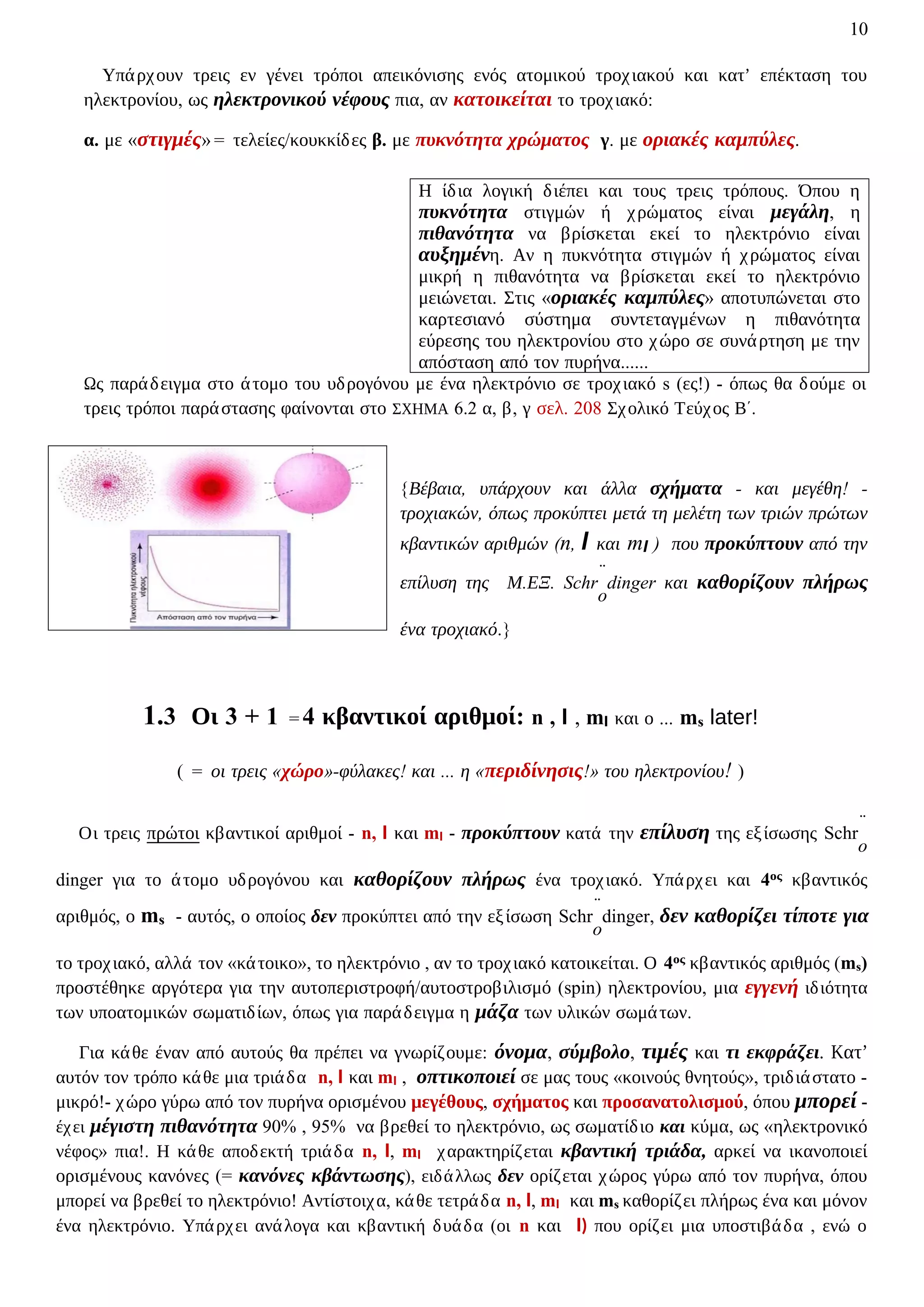 10
Υπάρχουν τρεις εν γένει τρόποι απεικόνισης ενός ατομικού τροχιακού και κατ’ επέκταση του
ηλεκτρονίου, ως ηλεκτρονικού νέφους πια, αν κατοικείται το τροχιακό:
α. με «στιγμές» = τελείες/κουκκίδες β. με πυκνότητα χρώματος γ. με οριακές καμπύλες.
Η ίδια λογική διέπει και τους τρεις τρόπους. Όπου η
πυκνότητα στιγμών ή χρώματος είναι μεγάλη, η
πιθανότητα να βρίσκεται εκεί το ηλεκτρόνιο είναι
αυξημένη. Αν η πυκνότητα στιγμών ή χρώματος είναι
μικρή η πιθανότητα να βρίσκεται εκεί το ηλεκτρόνιο
μειώνεται. Στις «οριακές καμπύλες» αποτυπώνεται στο
καρτεσιανό σύστημα συντεταγμένων η πιθανότητα
εύρεσης του ηλεκτρονίου στο χώρο σε συνάρτηση με την
απόσταση από τον πυρήνα......
Ως παράδειγμα στο άτομο του υδρογόνου με ένα ηλεκτρόνιο σε τροχιακό s (ες!) - όπως θα δούμε οι
τρεις τρόποι παράστασης φαίνονται στο ΣΧΗΜΑ 6.2 α, β, γ σελ. 208 Σχολικό Τεύχος Β΄.
{Βέβαια, υπάρχουν και άλλα σχήματα - και μεγέθη! -
τροχιακών, όπως προκύπτει μετά τη μελέτη των τριών πρώτων
κβαντικών αριθμών (n, l και ml ) που προκύπτουν από την
επίλυση της Μ.ΕΞ. Schr
̈
o
dinger και καθορίζουν πλήρως
ένα τροχιακό.}
1.3 Οι 3 + 1 = 4 κβαντικοί αριθμοί: n , l , ml και ο ... ms later!
( = οι τρεις «χώρο»-φύλακες! και ... η «περιδίνησις!» του ηλεκτρονίου! )
Οι τρεις πρώτοι κβαντικοί αριθμοί - n, l και ml - προκύπτουν κατά την επίλυση της εξίσωσης Schr
̈
o
dinger για το άτομο υδρογόνου και καθορίζουν πλήρως ένα τροχιακό. Υπάρχει και 4ος κβαντικός
αριθμός, ο ms - αυτός, ο οποίος δεν προκύπτει από την εξίσωση Schr
̈
o
dinger, δεν καθορίζει τίποτε για
το τροχιακό, αλλά τον «κάτοικο», το ηλεκτρόνιο , αν το τροχιακό κατοικείται. Ο 4ος κβαντικός αριθμός (ms)
προστέθηκε αργότερα για την αυτοπεριστροφή/αυτοστροβιλισμό (spin) ηλεκτρονίου, μια εγγενή ιδιότητα
των υποατομικών σωματιδίων, όπως για παράδειγμα η μάζα των υλικών σωμάτων.
Για κάθε έναν από αυτούς θα πρέπει να γνωρίζουμε: όνομα, σύμβολο, τιμές και τι εκφράζει. Κατ’
αυτόν τον τρόπο κάθε μια τριάδα n, l και ml , οπτικοποιεί σε μας τους «κοινούς θνητούς», τριδιάστατο -
μικρό!- χώρο γύρω από τον πυρήνα ορισμένου μεγέθους, σχήματος και προσανατολισμού, όπου μπορεί -
έχει μέγιστη πιθανότητα 90% , 95% να βρεθεί το ηλεκτρόνιο, ως σωματίδιο και κύμα, ως «ηλεκτρονικό
νέφος» πια!. Η κάθε αποδεκτή τριάδα n, l, ml χαρακτηρίζεται κβαντική τριάδα, αρκεί να ικανοποιεί
ορισμένους κανόνες (= κανόνες κβάντωσης), ειδάλλως δεν ορίζεται χώρος γύρω από τον πυρήνα, όπου
μπορεί να βρεθεί το ηλεκτρόνιο! Αντίστοιχα, κάθε τετράδα n, l, ml και ms καθορίζει πλήρως ένα και μόνον
ένα ηλεκτρόνιο. Υπάρχει ανάλογα και κβαντική δυάδα (οι n και l) που ορίζει μια υποστιβάδα , ενώ ο
 