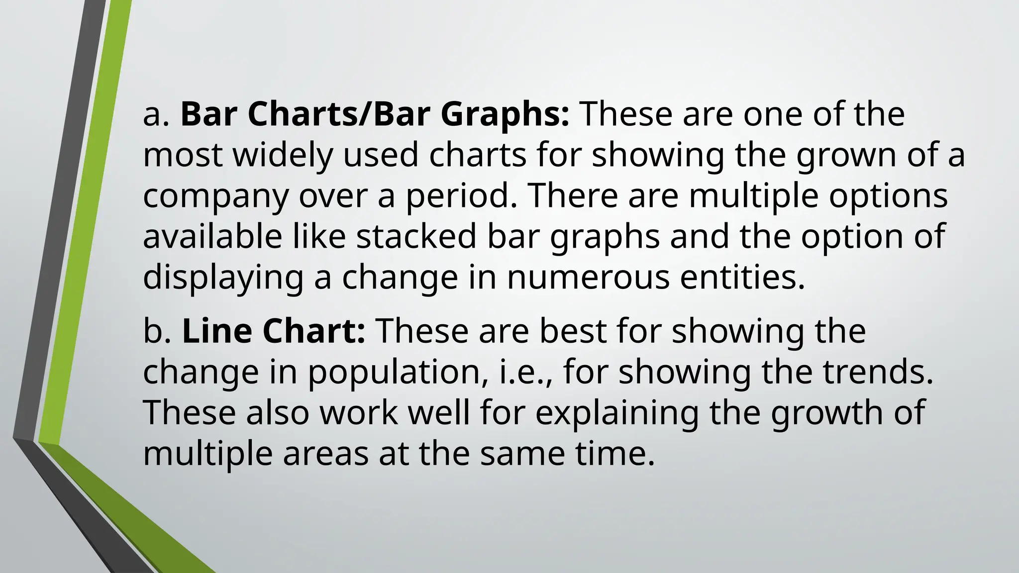 a. Bar Charts/Bar Graphs: These are one of the
most widely used charts for showing the grown of a
company over a period. There are multiple options
available like stacked bar graphs and the option of
displaying a change in numerous entities.
b. Line Chart: These are best for showing the
change in population, i.e., for showing the trends.
These also work well for explaining the growth of
multiple areas at the same time.
 