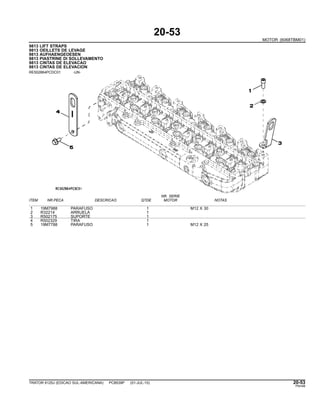20-53
MOTOR (6068TBM01)
9813 LIFT STRAPS
9813 OEILLETS DE LEVAGE
9813 AUFHAENGEOESEN
9813 PIASTRINE DI SOLLEVAMENTO
9813 CINTAS DE ELEVACAO
9813 CINTAS DE ELEVACION
RE502864PCDC01 -UN-
NR. SERIE
ITEM NR.PECA DESCRICAO QTDE MOTOR NOTAS
1 19M7988 PARAFUSO 1 M12 X 30
2 R32214 ARRUELA 1
3 R502175 SUPORTE 1
4 R502329 TIRA 1
5 19M7788 PARAFUSO 1 M12 X 25
TRATOR 6125J (EDICAO SUL-AMERICANA) PC8539P (01-JUL-10) 20-53
PN=99
 