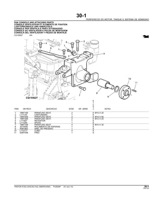 30-1
PERIFERICOS DO MOTOR, TANQUE E SISTEMA DE ADMISSAO
FAN CONSOLE AND ATTACHING PARTS
CONSOLE VENTILATEUR ET ELEMENTS DE FIXATION
LUEFTERKONSOLE UND ANBAUTEILE
CONSOLE PER VENTOLA E PARTI DI FISSAGGIO
CONSOLE DO VENTILADOR E PECAS DE MONTAGEM
CONSOLA DEL VENTILADOR Y PIEZAS DE MONTAJE
CQ155627 -UN-
6
1
2
5
ITEM NR.PECA DESCRICAO QTDE NR. SERIE J NOTAS
1 19M7166 PARAFUSO SEXT. 2 X M10 X 20
2 L111120 CANTONEIRA 1 X
3 19M7408 PARAFUSO SEXT. 2 X M10 X 90
4 19M7268 PARAFUSO SEXT. 2 X M12 X 25
5 L111857 RETENTOR 1 X
6 L111294 APOIO 1 X
7 19M7168 PARAFUSO SEXT. 4 X M10 X 30
8 JD10058 ROLAMENTO DE ESFERAS 1 X
9 40M1863 ANEL DE PRESSAO 1 X
10 L110777 CUBO 4 X
11 42M7058 PINO 1 X
TRATOR 6125J (EDICAO SUL-AMERICANA) PC8539P (01-JUL-10) 30-1
PN=103
 