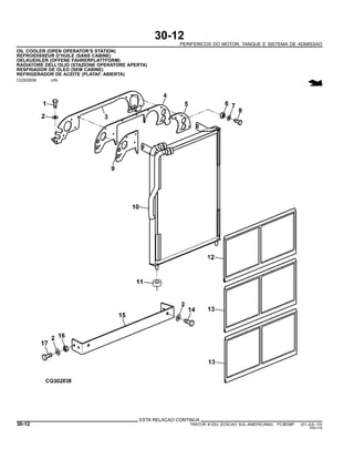 30-12
PERIFERICOS DO MOTOR, TANQUE E SISTEMA DE ADMISSAO
OIL COOLER (OPEN OPERATOR’S STATION)
REFROIDISSEUR D’HUILE (SANS CABINE)
OELKUEHLER (OFFENE FAHRERPLATTFORM)
RADIATORE DELL’OLIO (STAZIONE OPERATORE APERTA)
RESFRIADOR DE OLEO (SEM CABINE)
REFRIGERADOR DE ACEITE (PLATAF. ABIERTA)
CQ302838 -UN-
ESTA RELACAO CONTINUA
30-12 TRATOR 6125J (EDICAO SUL-AMERICANA) PC8539P (01-JUL-10)
PN=114
 