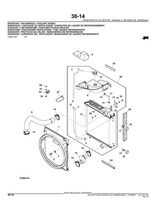 30-14
PERIFERICOS DO MOTOR, TANQUE E SISTEMA DE ADMISSAO
RADIATOR / FAN SHROUD / COOLANT HOSES
RADIATEUR / CAPOTAGE DU VENTILATEUR / CONDUITES DE LIQUIDE DE REFROIDISSEMENT
KUEHLER / LUEFTERHAUBE / KUEHLMITTELSCHLAEUCHE
RADIATORE / PROTEZIONE VENTILATORE / TUBI LIQUIDO REFRIGERANTE
RADIADOR / PROTECAO DA HELICE / MANGUEIRAS DE REFRIGERACAO
RADIADOR / CARENADO DEL VENTILADOR / MANGUERAS DE LIQUIDO REFRIGERANTE
PUBM1363 -UN-
ESTA RELACAO CONTINUA
30-14 TRATOR 6125J (EDICAO SUL-AMERICANA) PC8539P (01-JUL-10)
PN=116
 