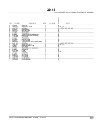 30-15
PERIFERICOS DO MOTOR, TANQUE E SISTEMA DE ADMISSAO
6
1
2
5
ITEM NR.PECA DESCRICAO QTDE NR. SERIE J NOTAS
1 L158228 ADUTOR 1 X
2 19M7162 PARAFUSO SEXT. 4 X M8 X 16
3 24M7055 ARRUELA 4 X 8.400 X 16 X 1.600 MM
4 L166316 MANGUEIRA 4 X
5 AR21837 BRACADEIRA 2 X
6 L158230 MANGUEIRA 1 X
7 L166630 MANGUEIRA 1 X
8 L158289 VEDACAO DE ACABAMENTO 1 X
9 AL203689 PARTE SUPERIOR DO RADIADOR 1 X
10 AL201726 RADIADOR 1 X
11 L158229 MANGUEIRA 1 X
12 AL37489 BRACADEIRA 2 X
13 L158251 CANTONEIRA 2 X
14 MN10393 ABRACADEIRA PARA MANGUEIRA 4 X
15 24M7139 ARRUELA 4 X 6.400 X 18 X 1.600 MM
16 19M7560 PARAFUSO SEXT. 4 X M6 X 16
17 L79057 PARAF. BORBOLETA 4 X
18 L78871 ISOLADOR 4 X
19 L169329 MANGUEIRA DO RADIADOR 1 X
20 L158241 ISOLADOR 2 X
21 AL162698 CAPA 1 X
22 14M7136 PORCA 2 X M6
23 L158252 SUPORTE 1 X
24 L158306 ISOLADOR 2 X
25 CQ62312 ISOLADOR 1 X
26 AL201725 RADIADOR 1 X
27 CQ28556 BRACADEIRA 1 X
.. CQ38349 REFRIGERANTE 1 X
TRATOR 6125J (EDICAO SUL-AMERICANA) PC8539P (01-JUL-10) 30-15
PN=117
 