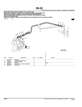 30-32
PERIFERICOS DO MOTOR, TANQUE E SISTEMA DE ADMISSAO
MOUNTING PARTS, SPEED CONTROL (FLAT FLOOR CAB)
REGLAGE DU REGIME - ELEMENTS DE FIXATION (CABINE A PLANCHER PLAT)
ANBAUTEILE, DREHZAHLVERSTELLUNG (KABINE MIT EBENEM BODEN)
PARTI DI MONTAGGIO, COMANDO VELOCITA (CABINA CON PAVIMENTO PIANO)
VARETA DO ACELERADOR
PIEZAS DE MONTAJE, VARILLAJE DE MANDO DEL ACELERADOR (CAB. CON SUELO PLANO)
LX017931 -UN-
6
1
2
5
ITEM NR.PECA DESCRICAO QTDE NR. SERIE J NOTAS
1 AL163687 TIRANTE 1 X
2 T22242 CONEXAO GIRATORIA 1 X
3 11M7009 CONTRA-PINO 1 X
4 14M7272 PORCA 3 X M6
5 56M7009 SOQUETE P/ JUNTA ESFERICA 1 X
6 24M7088 ARRUELA 4 X
30-32 TRATOR 6125J (EDICAO SUL-AMERICANA) PC8539P (01-JUL-10)
PN=134
 