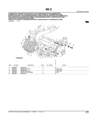 40-3
SISTEMA ELETRICO
ALTERNATOR ATTACHING PARTS (WITHOUT AIR CONDITIONING OR AIR COMPRESSOR)
ELEMENTS DE FIXATION, ALTERNATEUR (SANS CLIMATISATION OU COMPRESSEUR D’AIR)
BEFESTIGUNGSTEILE, DREHSTROMGENERATOR (OHNE KLIMAANLAGE ODER LUFTKOMPRESSOR)
PARTI MONTAGGIO ALTERNATORE (SENZA CONDIZIONAMENTO ARIA O COMPRESSORE ARIA)
SUPORTE DO ALTERNADOR (SEM CABINE)
PIEZAS DE SUJECION, ALTERNADOR (SIN AIRE ACONDICIONADO O COMPRESOR DE AIRE)
PUBM0362 -UN-
6
1
2
5
ITEM NR.PECA DESCRICAO QTDE NR. SERIE J NOTAS
1 CQ48506 SUPORTE 2 X
2 19M7166 PARAFUSO SEXT. 1 X M10 X 20
3 19M7810 PARAFUSO 1 X M10 X 80
4 19M7408 PARAFUSO SEXT. 1 X M10 X 90
5 14M7296 PORCA COM FLANGE 2 X M10
6 24M7040 ARRUELA 2 X
TRATOR 6125J (EDICAO SUL-AMERICANA) PC8539P (01-JUL-10) 40-3
PN=147
 