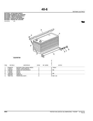 40-6
SISTEMA ELETRICO
BATTERY / ATTACHING PARTS
BATTERIE-ELEMENTS DE FIXATION
BATTERIE / BEFESTIGUNGSTEILE
BATTERIA / PARTI FISSAGGIO
BATERIA / FIXACAO DA BATERIA
BATERIA / PIEZAS DE FIJACION
CQ155738 -UN-
6
1
2
5
ITEM NR.PECA DESCRICAO QTDE NR. SERIE J NOTAS
1 DQ68478 BATERIA COM CARGA UMIDA 1 X 150AH
2 L158301 PARAF. COM GANCHO 2 X
3 14M7397 PORCA DE SEGURANCA 2 X M6
4 L158302 APOIO 1 X
5 L158305 APOIO 1 X
6 14M7029 PORCA 4 X M8
7 24M7055 ARRUELA 4 X
8 19M7139 PARAFUSO SEXT. 4 X M8 X 20
40-6 TRATOR 6125J (EDICAO SUL-AMERICANA) PC8539P (01-JUL-10)
PN=150
 