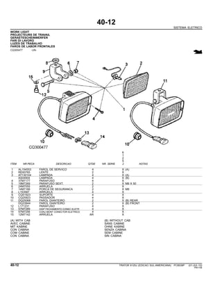40-12
SISTEMA ELETRICO
WORK LIGHT
PROJECTEURS DE TRAVAIL
GERAETESCHEINWERFER
FARI DI LAVORO
LUZES DE TRABALHO
FAROS DE LABOR FRONTALES
CQ300477 -UN-
6
1
2
5
ITEM NR.PECA DESCRICAO QTDE NR. SERIE J NOTAS
1 AL154553 FAROL DE SERVICO 4 X (A)
2 RE60765 LENTE 2 X
3 AT130104 LAMPADA 4 X (A)
AS04904 LAMPADA 4 X (B)
4 37M7177 PARAFUSO 4 X
5 19M7269 PARAFUSO SEXT. 2 X M8 X 50
6 24M7055 ARRUELA 2 X
7 14M7166 PORCA DE SEGURANCA 2 X M8
8 L153587 ARRUELA 4 X
9 CQ51923 SUPORTE 4 X
10 CQ25923 PASSADOR 4 X
11 DQ25068 FAROL DIANTEIRO 2 X (B) REAR
DQ33944 FAROL DIANTEIRO 2 X (B) FRONT
12 L171231 PARAFUSO 4 X
13 57M7289 DISP FECHAMENTO CONEC ELETR 4 X
14 57M7256 CONJ MONT CONECTOR ELETRICO 4 X
15 12M7142 ARRUELA AR X
(A) WITH CAB (B) WITHOUT CAB
AVEC CABINE SANS CABINE
MIT KABINE OHNE KABINE
CON CABINA SENZA CABINA
COM CABINE SEM CABINE
CON CABINA SIN CABINA
40-12 TRATOR 6125J (EDICAO SUL-AMERICANA) PC8539P (01-JUL-10)
PN=156
 