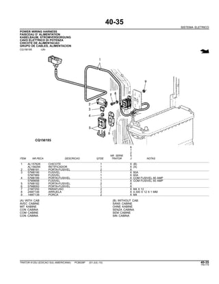 40-35
SISTEMA ELETRICO
POWER WIRING HARNESS
FAISCEAU D’ ALIMENTATION
KABELBAUM, STROMVERSORGUNG
CAVO ELETTRICO DI POTENZA
CHICOTE DE ALIMENTACAO
GRUPO DE CABLES, ALIMENTACION
CQ156185 -UN-
6
1
2
NR. SERIE 5
ITEM NR.PECA DESCRICAO QTDE TRATOR J NOTAS
1 AL157626 CHICOTE 1 X (B)
AL158294 RETIFICADOR 1 X (A)
2 57M8181 PORTA-FUSIVEL 2 X
3 57M8190 FUSIVEL 1 X 80A
57M7989 FUSIVEL 1 X 60A
4 57M8189 PORTA-FUSIVEL 1 X COM FUSIVEL 80 AMP
57M9698 FUSIVEL 1 X COM FUSIVEL 60 AMP
5 57M8182 PORTA-FUSIVEL 2 X
6 57M8093 PORTA-FUSIVEL 1 X
7 21M7250 PARAFUSO 2 X M4 X 12
8 24M7146 ARRUELA 2 X 4.300 X 12 X 1 MM
9 14M7139 PORCA 2 X M4
(A) WITH CAB (B) WITHOUT CAB
AVEC CABINE SANS CABINE
MIT KABINE OHNE KABINE
CON CABINA SENZA CABINA
COM CABINE SEM CABINE
CON CABINA SIN CABINA
TRATOR 6125J (EDICAO SUL-AMERICANA) PC8539P (01-JUL-10) 40-35
PN=179
 