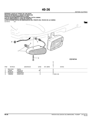 40-36
SISTEMA ELETRICO
WARNING LIGHTS AT FRONT OF CAB ROOF
FEUX DE DETRESSE A L’AVANT DU PAVILLON
WARNLEUCHTEN-KABINENDACH VORN
LUCI DI AVVERTIMENTO LATO ANTERIORE TETTO CABINA
PISCAS DIRECIONAIS E LUZES DE POSICAO
LUCES INTERMITENTES DE EMERGENCIA DEL FRENTE DEL TECHO DE LA CABINA
CQ155744 -UN-
6
1
2
5
ITEM NR.PECA DESCRICAO QTDE NR. SERIE J NOTAS
1 RE217551 FAROL 2 X
2 L60585 ARRUELA AR X
3 RE49778 LAMPADA 1 X
4 CQ25923 PASSADOR 2 X
5 19M8482 PARAFUSO 4 X M6 X 80
40-36 TRATOR 6125J (EDICAO SUL-AMERICANA) PC8539P (01-JUL-10)
PN=180
 
