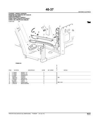 40-37
SISTEMA ELETRICO
CHANNEL, WIRING HARNESS
PASSAGE DU FAISCEAU DE CABLES
KABELBAUMKANAL
CAVO ELETTRICO, CANALE
CANAL PARA CHICOTE ELETRICO
CANAL DEL GRUPO DE CABLES
PUBM1469 -UN-
6
1
2
5
ITEM NR.PECA DESCRICAO QTDE NR. SERIE J NOTAS
1 L175842 PERFIL "U" 1 X
2 L175841 PERFIL "U" 1 X
3 L114062 PASSADOR 1 X
4 L40924 PORCA 3 X
5 14M7297 PORCA 1 X M5
6 12M7077 ARRUELA 1 X
7 L170967 PERFIL "U" 1 X
8 R44302 CINTA 2 X
9 19M7317 PARAFUSO 1 X M5 X 30
10 L166759 BRACADEIRA 1 X
TRATOR 6125J (EDICAO SUL-AMERICANA) PC8539P (01-JUL-10) 40-37
PN=181
 