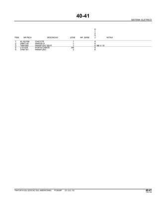 40-41
SISTEMA ELETRICO
6
1
2
5
ITEM NR.PECA DESCRICAO QTDE NR. SERIE J NOTAS
1 AL162768 CHICOTE 1 X
2 24M7139 ARRUELA 1 X
3 19M7560 PARAFUSO SEXT. 1 X M6 X 16
4 L151529 PORTA-CABOS AR X
5 37M7181 PARAFUSO 2 X
TRATOR 6125J (EDICAO SUL-AMERICANA) PC8539P (01-JUL-10) 40-41
PN=185
 