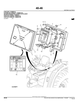 40-46
SISTEMA ELETRICO
FUSE BOX / SYMBOLS
PLATINE DE FUSIBLES / SYMBOLES
SICHERUNGSKASTEN / SYMBOLAUFKLEBER
SCATOLA FUSIBILI / SIMBOLI
CAIXA DE FUSIVEIS / ADESIVOS
CAJA DE FUSIBLES / SIMBOLOS
CQ156977 -UN-
ESTA RELACAO CONTINUA
40-46 TRATOR 6125J (EDICAO SUL-AMERICANA) PC8539P (01-JUL-10)
PN=190
 