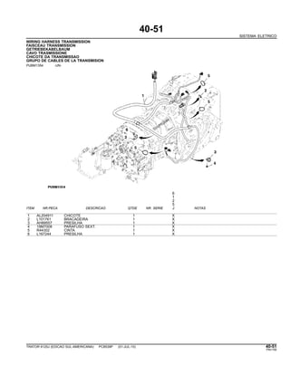 40-51
SISTEMA ELETRICO
WIRING HARNESS TRANSMISSION
FAISCEAU TRANSMISSION
GETRIEBEKABELBAUM
CAVO TRASMISSIONE
CHICOTE DA TRANSMISSAO
GRUPO DE CABLES DE LA TRANSMISION
PUBM1354 -UN-
6
1
2
5
ITEM NR.PECA DESCRICAO QTDE NR. SERIE J NOTAS
1 AL204911 CHICOTE 1 X
2 L101761 BRACADEIRA 1 X
3 AH89557 PRESILHA 1 X
4 19M7008 PARAFUSO SEXT. 1 X
5 R44302 CINTA 1 X
6 L167244 PRESILHA 1 X
TRATOR 6125J (EDICAO SUL-AMERICANA) PC8539P (01-JUL-10) 40-51
PN=195
 