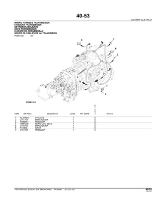 40-53
SISTEMA ELETRICO
WIRING HARNESS TRANSMISSION
FAISCEAU TRANSMISSION
GETRIEBEKABELBAUM
CAVO TRASMISSIONE
CHICOTE DA TRANSMISSAO
GRUPO DE CABLES DE LA TRANSMISION
PUBM1352 -UN-
6
1
2
5
ITEM NR.PECA DESCRICAO QTDE NR. SERIE J NOTAS
1 AL204913 CHICOTE 1 X
2 L101761 BRACADEIRA 1 X
3 AH89557 PRESILHA 1 X
4 19M7008 PARAFUSO SEXT. 1 X
5 L110765 BRACADEIRA 1 X
6 R44302 CINTA 1 X
7 L167244 PRESILHA 1 X
TRATOR 6125J (EDICAO SUL-AMERICANA) PC8539P (01-JUL-10) 40-53
PN=197
 