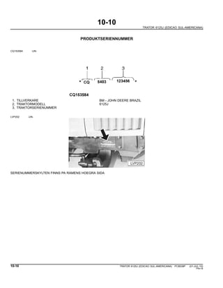 10-10
TRATOR 6125J (EDICAO SUL-AMERICANA)
PRODUKTSERIENNUMMER
CQ153584 -UN-
1. TILLVERKARE BM - JOHN DEERE BRAZIL
2. TRAKTORMODELL 6125J
3. TRAKTORSERIENUMMER
LVP202 -UN-
SERIENUMMERSKYLTEN FINNS PA RAMENS HOEGRA SIDA
10-10 TRATOR 6125J (EDICAO SUL-AMERICANA) PC8539P (01-JUL-10)
PN=18
 