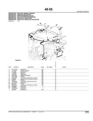 40-55
SISTEMA ELETRICO
GREENSTAR - RECEIVER WIRING HARNESS
GREENSTAR - FAISCEAU RECEPTEUR
GREENSTAR - EMPFAENGERKABELBAUM
GREENSTAR - CAVO ELETTRICO RICEVITORE
GREENSTAR - CHICOTE DO RECEPTOR
GREENSTAR - GRUPO DE CABLES DEL RECEPTOR
PUBM1387 -UN-
6
1
2
5
ITEM NR.PECA DESCRICAO QTDE NR. SERIE J NOTAS
1 AL177795 CHICOTE AR X
2 L151529 PORTA-CABOS AR X
3 L112290 VEDACAO AR X
4 L152460 BUCHA AR X
5 24M7054 ARRUELA AR X
6 19M7560 PARAFUSO SEXT. AR X
7 AL177068 APOIO AR X
8 57M7633 CONJ MONT CONECTOR ELETRICO AR X
9 R78069 CONECT ELETR TOMADA CAVIDAD AR X
10 R54477 REBITE AR X
11 57M8439 ACESSORIO CONEXAO ELETRICA AR X
12 AL175708 CHICOTE AR X
13 R44302 CINTA AR X
14 RE207311 UNIDADE DE CONTROLE ELETRON AR X
15 PF80865 CHICOTE 1 X
16 PF80845 CHICOTE 1 X
17 AL203755 CHICOTE 1 X
.. L59796 VEDACAO AR X
TRATOR 6125J (EDICAO SUL-AMERICANA) PC8539P (01-JUL-10) 40-55
PN=199
 