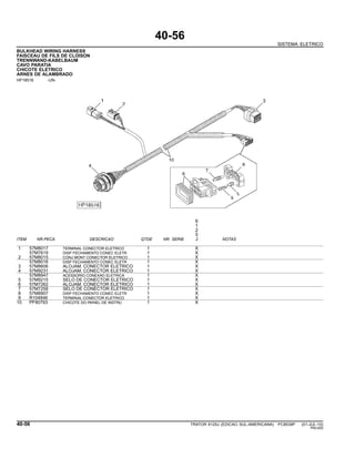 40-56
SISTEMA ELETRICO
BULKHEAD WIRING HARNESS
FAISCEAU DE FILS DE CLOISON
TRENNWAND-KABELBAUM
CAVO PARATIA
CHICOTE ELETRICO
ARNES DE ALAMBRADO
HP18516 -UN-
6
1
2
5
ITEM NR.PECA DESCRICAO QTDE NR. SERIE J NOTAS
1 57M8017 TERMINAL CONECTOR ELETRICO 1 X
57M7619 DISP FECHAMENTO CONEC ELETR 1 X
2 57M8015 CONJ MONT CONECTOR ELETRICO 1 X
57M8016 DISP FECHAMENTO CONEC ELETR 1 X
3 57M8606 ALOJAM. CONECTOR ELETRICO 1 X
4 57M9231 ALOJAM. CONECTOR ELETRICO 1 X
57M8947 ACESSORIO CONEXAO ELETRICA 1 X
5 57M9215 SELO DE CONECTOR ELETRICO 1 X
6 57M7262 ALOJAM. CONECTOR ELETRICO 1 X
7 57M7258 SELO DE CONECTOR ELETRICO 1 X
8 57M8907 DISP FECHAMENTO CONEC ELETR 1 X
9 R104846 TERMINAL CONECTOR ELETRICO 1 X
10 PF80793 CHICOTE DO PAINEL DE INSTRU 1 X
40-56 TRATOR 6125J (EDICAO SUL-AMERICANA) PC8539P (01-JUL-10)
PN=200
 