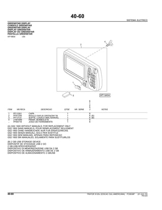 40-60
SISTEMA ELETRICO
GREENSTAR DISPLAY
CONSOLE GREENSTAR
GREENSTAR DISPLAY
DISPLAY GREENSTAR
DISPLAY DO GREENSTAR
PANTALLA GREENSTAR
HP19604 -UN-
6
1
2
5
ITEM NR.PECA DESCRICAO QTDE NR. SERIE J NOTAS
1 PF13301 CAPA 1 X
2 PF81259 MODULO DISPLAY GREENSTAR TM 1 X (A)
3 PF13131 SUPTE. LOGICO INALTERAVEL 1 X (B)
4 21M1689 PARAF. BORBOLETA 2 X
.. PF90718 JOGO DE FERRAMENTA 1 X
(A) GS2 1800 WITHOUT MANUALS; FOR REPLACEMENT ONLY
GS2 1800 SANS MANUELS, POUR REMPLACEMENT SEULEMENT
GS2 1800 OHNE HANDBUCHER, NUR FUR ERSATZZWECKE
GS2 1800 SENZA MANUALI, SOLO PER SOSTITUZ
GS2 1800 SEM MANUAIS, APENAS PARA REPOSICAO
GS2 1800 SIN MANUALES, SOLAMENTE PARA SUSTITUIRLOS
(B) 2 GB USB STORAGE DEVICE
DISPOSITIF DE STOCKAGE USB 2 GO
2 GB-USB-SPEICHERGERAT
DISPOSITIVO DI MEMORIZZAZIONE USB DA 2 GB
DISPOSITIVO DE ARMAZENAMENTO USB DE 2 GB
DISPOSITIVO DE ALMACENAMIENTO 2 GBUSB
40-60 TRATOR 6125J (EDICAO SUL-AMERICANA) PC8539P (01-JUL-10)
PN=204
 