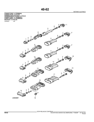 40-62
SISTEMA ELETRICO
CONNECTORS 1-4-TERMINAL
CONNECTEUR 1-4 PLOTS
VERBINDUNGSSTECKER 1-4 POLIG
CONNETTORE 1-4 TERMINALI
CONECTORES 1-4-TERMINAIS
ENCHUFE 1-4 POLOS
LX023027 -UN-
ESTA RELACAO CONTINUA
40-62 TRATOR 6125J (EDICAO SUL-AMERICANA) PC8539P (01-JUL-10)
PN=206
 