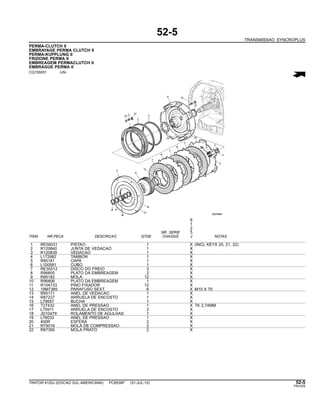 52-5
TRANSMISSAO SYNCROPLUS
PERMA-CLUTCH II
EMBRAYAGE PERMA CLUTCH II
PERMA-KUPPLUNG II
FRIZIONE PERMA II
EMBREAGEM PERMACLUTCH II
EMBRAGUE PERMA II
CQ155051 -UN-
6
1
2
NR. SERIE 5
ITEM NR.PECA DESCRICAO QTDE CHASSIS J NOTAS
1 RE56031 PISTAO 1 X (INCL KEYS 20, 21, 22)
2 R120840 JUNTA DE VEDACAO 1 X
3 R120839 VEDACAO 1 X
4 L172982 TAMBOR 1 X
5 R95181 CAPA 1 X
6 L100581 CUBO 1 X
7 RE35512 DISCO DO FREIO 3 X
8 R96805 PLATO DA EMBREAGEM 2 X
9 R95182 MOLA 12 X
10 R96806 PLATO DA EMBREAGEM 1 X
11 R104733 PINO FIXADOR 12 X
12 19M7385 PARAFUSO SEXT. 6 X M10 X 70
13 R95171 ANEL DE VEDACAO 1 X
14 R87227 ARRUELA DE ENCOSTO 1 X
15 L79557 BUCHA 1 X
16 T27432 ANEL DE PRESSAO 1 X TK 2,74MM
17 L75911 ARRUELA DE ENCOSTO 2 X
18 JD10479 ROLAMENTO DE AGULHAS 1 X
19 L76033 ANEL DE PRESSAO 1 X
20 400R ESFERA 2 X
21 R79018 MOLA DE COMPRESSAO 2 X
22 R87395 MOLA PRATO 2 X
TRATOR 6125J (EDICAO SUL-AMERICANA) PC8539P (01-JUL-10) 52-5
PN=225
 