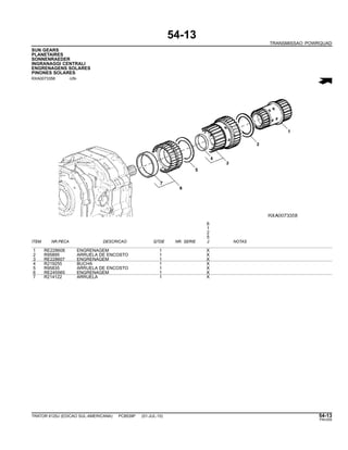 54-13
TRANSMISSAO POWRQUAD
SUN GEARS
PLANETAIRES
SONNENRAEDER
INGRANAGGI CENTRALI
ENGRENAGENS SOLARES
PINONES SOLARES
RXA0073358 -UN-
6
1
2
5
ITEM NR.PECA DESCRICAO QTDE NR. SERIE J NOTAS
1 RE228608 ENGRENAGEM 1 X
2 R95895 ARRUELA DE ENCOSTO 1 X
3 RE228607 ENGRENAGEM 1 X
4 R219255 BUCHA 1 X
5 R95835 ARRUELA DE ENCOSTO 1 X
6 RE245565 ENGRENAGEM 1 X
7 R214122 ARRUELA 1 X
TRATOR 6125J (EDICAO SUL-AMERICANA) PC8539P (01-JUL-10) 54-13
PN=255
 