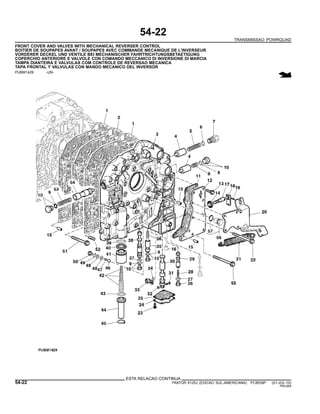 54-22
TRANSMISSAO POWRQUAD
FRONT COVER AND VALVES WITH MECHANICAL REVERSER CONTROL
BOITIER DE SOUPAPES AVANT / SOUPAPES AVEC COMMANDE MECANIQUE DE L’INVERSEUR
VORDERER DECKEL UND VENTILE BEI MECHANISCHER FAHRTRICHTUNGSBETAETIGUNG
COPERCHIO ANTERIORE E VALVOLE CON COMANDO MECCANICO DI INVERSIONE DI MARCIA
TAMPA DIANTEIRA E VALVULAS COM CONTROLE DE REVERSAO MECANICA
TAPA FRONTAL Y VALVULAS CON MANDO MECANICO DEL INVERSOR
PUBM1429 -UN-
ESTA RELACAO CONTINUA
54-22 TRATOR 6125J (EDICAO SUL-AMERICANA) PC8539P (01-JUL-10)
PN=264
 