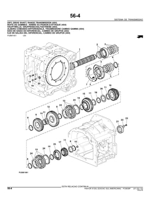 56-4
SISTEMA DE TRANSMISSAO
DIFF, DRIVE SHAFT, RANGE TRANSMISSION (4X4)
BOITE DE GAMMES - ARBRE DU PIGNON D’ATTAQUE (4X4)
HAUPTWELLE, GRUPPENSCHALTGETRIEBE (4X4)
ALBERO COMANDO DIFFERENZIALE, TRASMISSIONE CAMBIO GAMMA (4X4)
EIXO DE SAIDA DO DIFERENCIAL, CAMBIO DE GRUPOS (4X4)
EJE DE SALIDA DEL DIFERENCIAL, CAMBIO DE GRUPOS (4X4)
PUBM1401 -UN-
ESTA RELACAO CONTINUA
56-4 TRATOR 6125J (EDICAO SUL-AMERICANA) PC8539P (01-JUL-10)
PN=278
 
