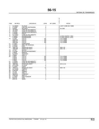 56-15
SISTEMA DE TRANSMISSAO
6
1
2
5
ITEM NR.PECA DESCRICAO QTDE NR. SERIE J NOTAS
1 AL166905 PLUGUE 1 X LGHT 41MM OD 10MM
2 L110066 PINO DE CENTRAGEM 2 X
3 L64500 SELANTE 1 X 50 CM3
4 JD10498 CAPA DE ROLAMENTO 1 X
5 JD10497 CONE DE ROLAMENTO 1 X
6 L102565 ARRUELA DE ENCOSTO 1 X
7 L102489 DISCO 1 X
8 AL114942 CONE DE ROLAMENTO 2 X
9 L155993 ENGRENAGEM 1 X Z 25/44 (RATIO 1.760)
L155994 ENGRENAGEM 1 X Z 24/44 (RATIO 1.870)
10 L77262 CALCO AR X TK 0.05MM
24M7150 CALCO AR X TK 0.10MM
24M7331 CALCO AR X TK 0.20MM
24M7258 CALCO AR X TK 0.50MM
11 L114651 ESPACADOR 1 X
12 L100522 ANEL DE VEDACAO 1 X
13 L157992 EIXO 1 X
14 19M7163 PARAFUSO SEXT. 2 X M8 X 25
19M7288 PARAFUSO SEXT. 2 X M8 X 30
15 L41187 BUCHA 1 X
16 L157568 RETENTOR REDONDO 1 X
17 L78828 MANCAL 1 X
18 AL79750 VEDACAO 1 X
19 L78683 ANEL O 1 X
20 L78827 CALCO AR X TK 0.05MM
L78838 CALCO AR X TK 0.10MM
L78839 CALCO AR X TK 0.20MM
L78840 CALCO AR X TK 0.50MM
21 L100959 CAPA DE ROLAMENTO 1 X
22 AL80939 CONE DE ROLAMENTO 1 X
23 19M7180 PARAFUSO SEXT. 1 X M10 X 45
24 AT107509 PLUGUE 2 X
25 L170424 CAIXA 1 X
26 19M7513 PARAFUSO SEXT. 12 X M8 X 30
27 AL179236 TAMPAO 1 X
28 51M7048 ANEL O 1 X
29 L41709 TAMPAO 1 X
30 L41526 ANEL O 1 X
31 38H5135 CONEXAO 2 X
32 51M7042 ANEL O 2 X
33 L114655 PINO FIXADOR 1 X
34 R34140 ANEL 1 X
.. DT5173 OLEO 3 X
TRATOR 6125J (EDICAO SUL-AMERICANA) PC8539P (01-JUL-10) 56-15
PN=289
 
