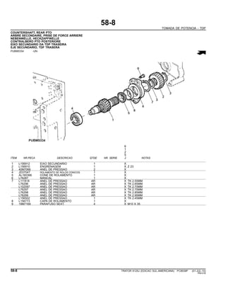 58-8
TOMADA DE POTENCIA - TDP
COUNTERSHAFT, REAR PTO
ARBRE SECONDAIRE, PRISE DE FORCE ARRIERE
NEBENWELLE, HECKZAPFWELLE
CONTRALBERO PTO POSTERIORE
EIXO SECUNDARIO DA TDP TRASEIRA
EJE SECUNDARIO, TDF TRASERA
PUBM0334 -UN-
6
1
2
5
ITEM NR.PECA DESCRICAO QTDE NR. SERIE J NOTAS
1 L156912 EIXO SECUNDARIO 1 X
2 L156910 ENGRENAGEM 1 X Z 23
3 40M7066 ANEL DE PRESSAO 2 X
4 JD37047 ROLAMENTO DE ROLOS CONICOS 1 X
5 AL160366 CONE DE ROLAMENTO 1 X
6 L76287 MANCAL 1 X
7 L111818 ANEL DE PRESSAO AR X TK 2.55MM
L76296 ANEL DE PRESSAO AR X TK 2.65MM
L102097 ANEL DE PRESSAO AR X TK 2.70MM
L76297 ANEL DE PRESSAO AR X TK 2.75MM
L76298 ANEL DE PRESSAO AR X TK 2.85MM
L76299 ANEL DE PRESSAO AR X TK 2.95MM
L156502 ANEL DE PRESSAO 1 X TK 2.45MM
8 L156773 CAPA DE ROLAMENTO 1 X
9 19M7169 PARAFUSO SEXT. 4 X M10 X 35
58-8 TRATOR 6125J (EDICAO SUL-AMERICANA) PC8539P (01-JUL-10)
PN=316
 