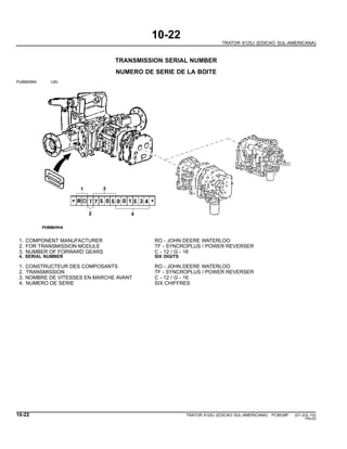 10-22
TRATOR 6125J (EDICAO SUL-AMERICANA)
TRANSMISSION SERIAL NUMBER
NUMERO DE SERIE DE LA BOITE
PUBM0994 -UN-
1. COMPONENT MANUFACTURER RO - JOHN DEERE WATERLOO
2. FOR TRANSMISSION MODULE TF - SYNCROPLUS / POWER REVERSER
3. NUMBER OF FORWARD GEARS C - 12 / G - 16
4. SERIAL NUMBER SIX DIGITS
1. CONSTRUCTEUR DES COMPOSANTS RO - JOHN DEERE WATERLOO
2. TRANSMISSION TF - SYNCROPLUS / POWER REVERSER
3. NOMBRE DE VITESSES EN MARCHE AVANT C - 12 / G - 16
4. NUMERO DE SERIE SIX CHIFFRES
10-22 TRATOR 6125J (EDICAO SUL-AMERICANA) PC8539P (01-JUL-10)
PN=30
 
