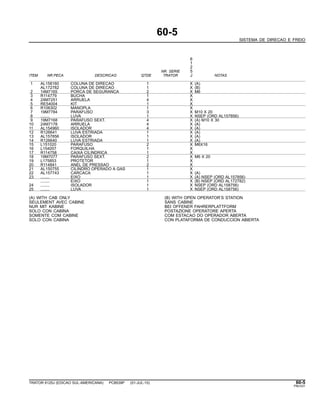 60-5
SISTEMA DE DIRECAO E FREIO
6
1
2
NR. SERIE 5
ITEM NR.PECA DESCRICAO QTDE TRATOR J NOTAS
1 AL158160 COLUNA DE DIRECAO 1 X (A)
AL172782 COLUNA DE DIRECAO 1 X (B)
2 14M7165 PORCA DE SEGURANCA 2 X M6
3 R114779 BUCHA 1 X
4 24M7251 ARRUELA 4 X
5 RE54004 KIT 1 X
6 R106302 MANOPLA 1 X
7 19M7784 PARAFUSO 3 X M10 X 20
8 ........ LUVA 1 X NSEP (ORD AL157856)
9 19M7168 PARAFUSO SEXT. 4 X (A) M10 X 30
10 24M7178 ARRUELA 4 X (A)
11 AL154960 ISOLADOR 4 X (A)
12 R126641 LUVA ESTRIADA 1 X (A)
13 AL157856 ISOLADOR 1 X (A)
14 R126640 LUVA ESTRIADA 1 X (A)
15 L151020 PARAFUSO 2 X M6X16
16 L154057 FORQUILHA 1 X
17 R114758 CAIXA CILINDRICA 1 X
18 19M7077 PARAFUSO SEXT. 2 X M6 X 20
19 L175853 PROTETOR 1 X
20 R114841 ANEL DE PRESSAO 2 X
21 AL150755 CILINDRO OPERADO A GAS 1 X
22 AL157743 CARCACA 1 X (A)
23 ........ EIXO 1 X (A) NSEP (ORD AL157856)
........ EIXO 1 X (B) NSEP (ORD AL172782)
24 ........ ISOLADOR 1 X NSEP (ORD AL158756)
25 ........ LUVA 1 X NSEP (ORD AL158756)
(A) WITH CAB ONLY (B) WITH OPEN OPERATOR’S STATION
SEULEMENT AVEC CABINE SANS CABINE
NUR MIT KABINE BEI OFFENER FAHRERPLATTFORM
SOLO CON CABINA POSTAZIONE OPERATORE APERTA
SOMENTE COM CABINE COM ESTACAO DO OPERADOR ABERTA
SOLO CON CABINA CON PLATAFORMA DE CONDUCCION ABIERTA
TRATOR 6125J (EDICAO SUL-AMERICANA) PC8539P (01-JUL-10) 60-5
PN=331
 