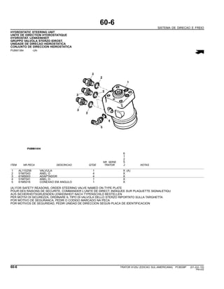 60-6
SISTEMA DE DIRECAO E FREIO
HYDROSTATIC STEERING UNIT
UNITE DE DIRECTION HYDROSTATIQUE
HYDROSTAT. LENKEINHEIT
GRUPPO VALVOLA STERZO IDROST.
UNIDADE DE DIRECAO HIDROSTATICA
CONJUNTO DE DIRECCION HIDROSTATICA
PUBM1384 -UN-
6
1
2
NR. SERIE 5
ITEM NR.PECA DESCRICAO QTDE TRATOR J NOTAS
1 AL110258 VALVULA 1 X (A)
2 51M7043 ANEL O 4 X
3 61M5003 ADAPTADOR 4 X
4 51M7041 ANEL O 1 X
5 61M5016 CONEXAO EM ANGULO 1 X
(A) FOR SAFETY REASONS, ORDER STEERING VALVE NAMED ON TYPE PLATE
POUR DES RAISONS DE SECURITE, COMMANDER L’UNITE DE DIRECT. INDIQUEE SUR PLAQUETTE SIGNALETIQU
AUS SICHERHEITSGRUENDEN LENKEINHEIT NACH TYPENSCHILD BESTELLEN
PER MOTIVI DI SICUREZZA, ORDINARE IL TIPO DI VALVOLA DELLO STERZO RIPORTATO SULLA TARGHETTA
POR MOTIVO DE SEGURANCA, PEDIR O CODIGO MARCADO NA PECA
POR MOTIVOS DE SEGURIDAD, PEDIR UNIDAD DE DIRECCION SEGUN PLACA DE IDENTIFICACION
60-6 TRATOR 6125J (EDICAO SUL-AMERICANA) PC8539P (01-JUL-10)
PN=332
 